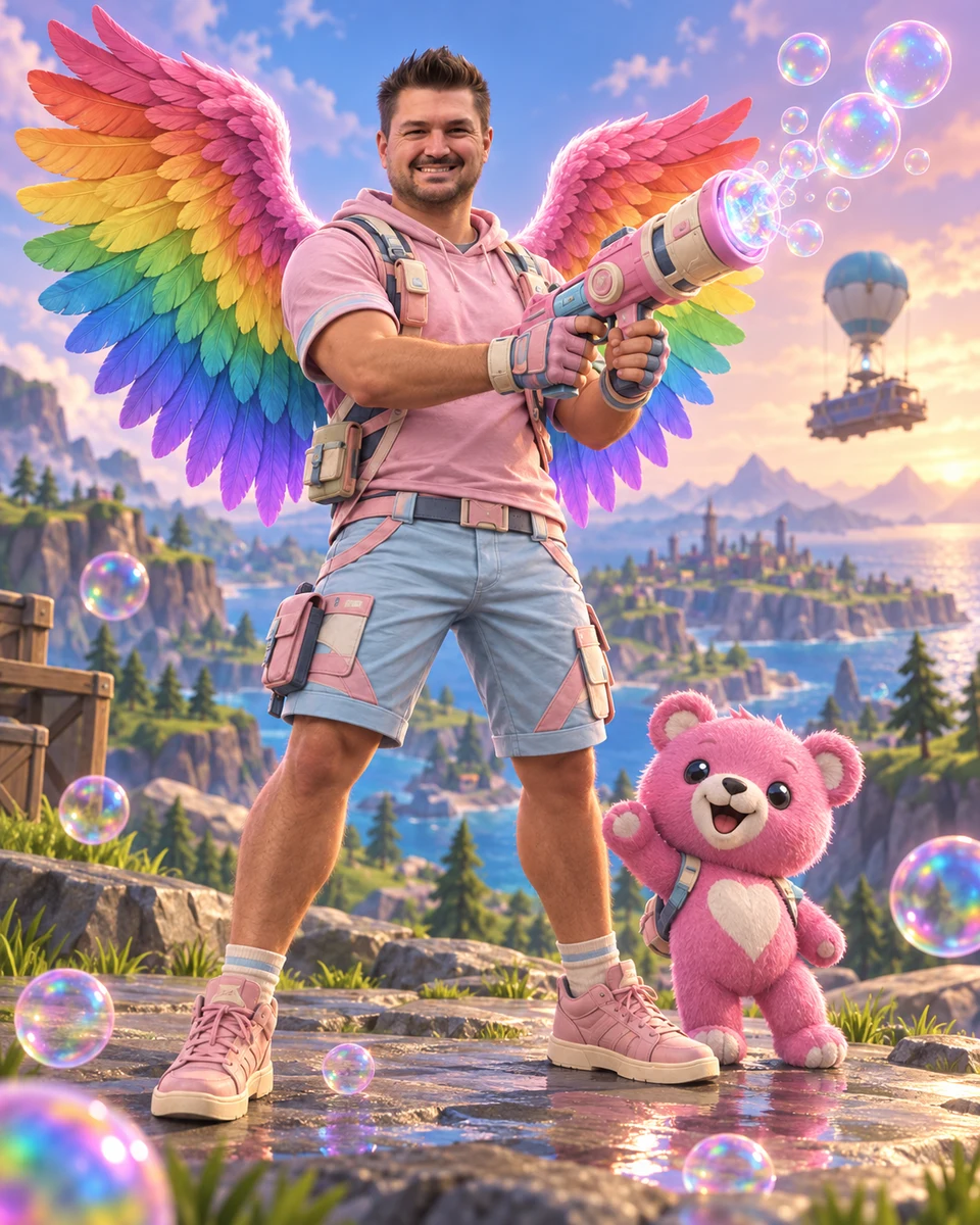 Patrick als KI-Charakter mit Regenbogenflügeln, Seifenblasen-Blaster und rosa Teddy vor einer Inselkulisse